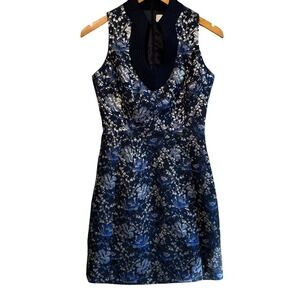 Belle Badgley Mischka Sz 2 Floral Brocade Metallic Dress Blue Silver RN127117